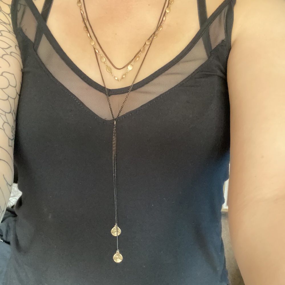 Triple strand Canvas brand necklace with drop
